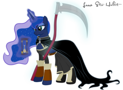 Size: 2000x1469 | Tagged: safe, artist:ellissummer, princess luna, alicorn, pony, g4, cape, clothes, crossover, discworld, dress, female, hourglass, scythe, simple background, solo, susan sto helit, transparent background