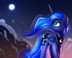 Size: 2980x2437 | Tagged: dead source, safe, artist:skyart301, princess luna, alicorn, pony, g4, 2013, artifact, cloud, eyelashes, female, folded wings, green eyes, high res, horn, looking back, mare, moon, night, solo, wings