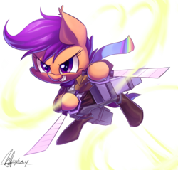 Size: 4228x4041 | Tagged: dead source, safe, artist:jggjqm522, scootaloo, g4, 3d maneuver gear, absurd resolution, crossover, dual wield, female, solo, sword, weapon