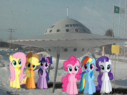 Size: 1600x1200 | Tagged: safe, artist:the737, applejack, fluttershy, pinkie pie, rainbow dash, rarity, twilight sparkle, g4, flag, mane six, ponies in real life, shadow, snow, spaceship