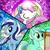 Size: 1500x1500 | Tagged: safe, artist:ringodaifuku, lyra heartstrings, minuette, twinkleshine, pony, unicorn, g4, background pony, female, harp, magic, mare, musical instrument, my little pony logo, pixiv, stained glass, toothbrush