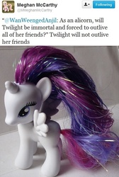 Size: 431x643 | Tagged: safe, rarity, g4, brushable, female, irl, meghan mccarthy, photo, prototype, raricorn, seems legit, speculation, taobao, text, toy, twitter