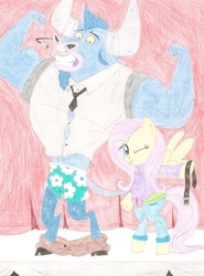 Size: 768x1040 | Tagged: source needed, safe, artist:wjmmovieman, fluttershy, iron will, pegasus, pony, g4, assisted exposure, boxers, clothes, female, humiliation, male, mare, one eye closed, pantsing, prank, smirk, traditional art, underwear, undressing, we don't normally wear clothes, wink