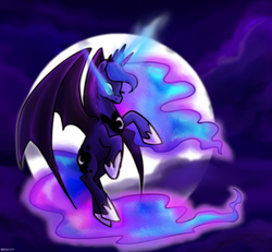 Size: 1300x1200 | Tagged: safe, artist:dotoriii, princess luna, alicorn, bat pony, bat pony alicorn, pony, g4, female, glowing eyes, lunabat, moon, night, race swap, solo