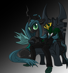 Size: 1739x1869 | Tagged: source needed, safe, artist:sawhorse, queen chrysalis, oc, oc:anon, changeling, changeling queen, g4, clothes, crown, female, necktie, pants, shirt, shoes, simple background, smirk, suit, sword, throne