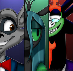 Size: 908x880 | Tagged: safe, artist:verona, queen chrysalis, g4, aku, crossover, samurai jack, sly cooper, wat