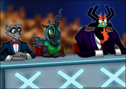 Size: 1066x750 | Tagged: safe, artist:verona, queen chrysalis, anthro, g4, aku, breasts, busty queen chrysalis, crossover, samurai jack, sly cooper, wat