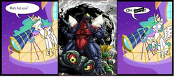 Size: 1008x444 | Tagged: safe, idw, princess celestia, kaiju, pony, g4, exploitable meme, female, gigan, godzilla (series), hedorah, mare, meme, monster x, spacegodzilla, telescope meme