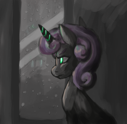 Size: 1460x1428 | Tagged: safe, artist:twitchykismet, sweetie belle, pony, robot, unicorn, friendship is witchcraft, g4, brooding, female, filly, foal, horn, rain, solo, sweetie bot, window