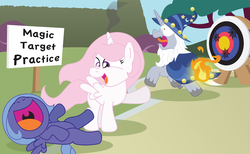 Size: 4346x2674 | Tagged: safe, artist:t-3000, princess celestia, princess luna, star swirl the bearded, alicorn, pony, g4, cewestia, cute, filly, fire, happy, laughing, nose in the air, pink-mane celestia, screaming, sign, trio