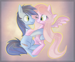 Size: 1024x845 | Tagged: safe, artist:kaji-tanii, oc, oc only, earth pony, pegasus, pony, abstract background, female, hug, looking at each other, male, mare, one eye closed, shipping, spread wings, stallion, straight, wings