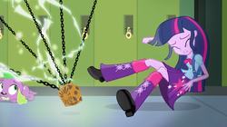 Size: 900x503 | Tagged: safe, artist:pixelkitties, edit, edited screencap, screencap, spike, twilight sparkle, dog, equestria girls, g4, my little pony equestria girls, crossover, duo, hellraiser, lament configuration, lemarchand's box, spike the dog