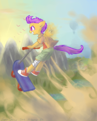 Size: 800x1000 | Tagged: safe, artist:hickepop, scootaloo, anthro, g4, female, hot air balloon, scooter, solo