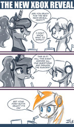 Size: 500x859 | Tagged: safe, artist:johnjoseco, derpy hooves, princess luna, oc, oc:belle eve, alicorn, pony, gamer luna, g4, alternate hairstyle, belle eve, comic, drink, ponified, straw, xbox one