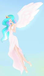 Size: 1024x1761 | Tagged: dead source, safe, artist:berrysplash, princess celestia, human, g4, female, humanized, solo, winged humanization