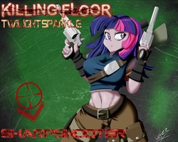 Size: 4500x3600 | Tagged: safe, artist:wazzart, twilight sparkle, human, equestria girls, g4, belly button, belt, breasts, busty twilight sparkle, crossover, female, gun, killing floor, midriff, pistol, pony coloring, solo