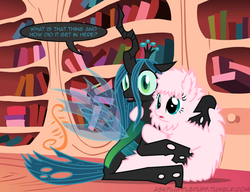 Size: 650x500 | Tagged: safe, artist:mixermike622, queen chrysalis, oc, oc:fluffle puff, changeling, changeling queen, pony, tumblr:ask fluffle puff, g4, cuddling, duo, duo female, female, mare, reaction image