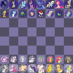 Size: 1600x1600 | Tagged: safe, angel bunny, apple bloom, applejack, cheerilee, daring do, derpy hooves, dinky hooves, dj pon-3, fluttershy, gummy, octavia melody, opalescence, owlowiscious, pinkie pie, pipsqueak, princess cadance, princess celestia, princess luna, rainbow dash, rarity, scootaloo, shining armor, snails, snips, spike, spitfire, sweetie belle, tank, twilight sparkle, vinyl scratch, zecora, alicorn, bat pony, pony, zebra, g4, chess, elements of harmony, fan game, filly, game, mane six, night guard, pet, royal guard, sitting