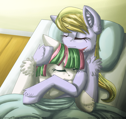 Size: 900x852 | Tagged: safe, artist:inuhoshi-to-darkpen, blossomforth, cloud kicker, pony, fanfic:the life and times of a winning pony, winningverse, g4, bed, cloudforth, duo, fanfic, fanfic art, female, hug, lesbian, sleeping