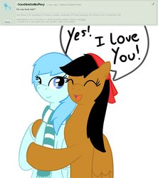 Size: 842x949 | Tagged: safe, artist:darkselia, oc, oc only, oc:sunshine smiles, earth pony, pegasus, pony, clothes, deviantart, female, hug, lesbian, scarf, shipping, speech bubble