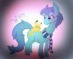 Size: 993x805 | Tagged: safe, artist:pikapetey, oc, oc:sunshine smiles, earth pony, pikachu, pony, clothes, pokémon, scarf