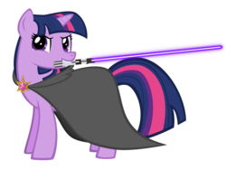 Size: 3200x2400 | Tagged: safe, artist:wowfluttershy, twilight sparkle, pony, unicorn, g4, cape, clothes, energy weapon, female, hooves, horn, lightsaber, mare, mouth hold, simple background, solo, star wars, transparent background, vector, weapon