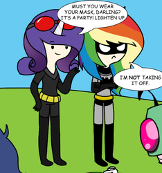 Size: 500x535 | Tagged: safe, rainbow dash, rarity, human, g4, adventure time, batman, batmare, catwoman, costume, crossover, humanized, male, parody, speech bubble, text, zim