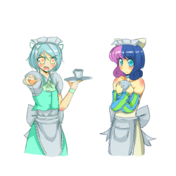 Size: 2500x2500 | Tagged: safe, artist:applestems, bon bon, lyra heartstrings, sweetie drops, human, g4, clothes, cup, humanized, maid, plate, simple background, transparent background