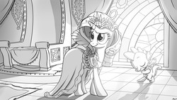 Size: 3555x2000 | Tagged: safe, artist:regolithx, rarity, spike, g4, clothes, crown, dress, female, male, monochrome, ship:sparity, shipping, stained glass, straight, throne