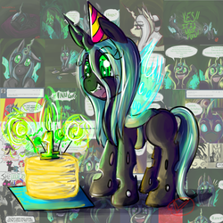 Size: 3000x3000 | Tagged: safe, artist:ryuredwings, queen chrysalis, nymph, g4, cake, cute, cutealis, female, filly queen chrysalis, solo