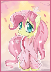Size: 600x841 | Tagged: safe, artist:schnuffitrunks, fluttershy, g4, alternate hairstyle, cute, female, kimono (clothing), shyabetes, solo