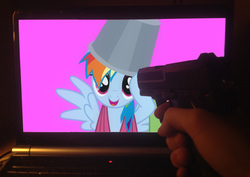 Size: 1800x1272 | Tagged: safe, rainbow dash, g4, bucketdash, dashabuse, edgy, gun, hater, why sid why