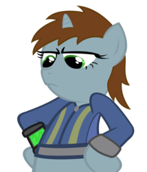 Size: 900x1050 | Tagged: safe, artist:psalmie, oc, oc only, oc:littlepip, pony, unicorn, fallout equestria, clothes, fanfic, fanfic art, female, jumpsuit, mare, pipbuck, simple background, solo, transparent background, vault suit, vector