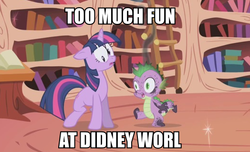 Size: 524x318 | Tagged: safe, edit, edited screencap, screencap, spike, twilight sparkle, dragon, pony, unicorn, g4, season 1, the ticket master, derp, didney worl, image macro, meme, unicorn twilight