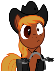 Size: 900x1161 | Tagged: safe, artist:brisineo, oc, oc only, oc:calamity, pegasus, pony, fallout equestria, battle saddle, fanfic, fanfic art, gun, hat, male, reaction image, rifle, simple background, solo, stallion, transparent background, weapon, wings