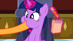 Size: 640x360 | Tagged: safe, screencap, applejack, twilight sparkle, a canterlot wedding, g4, hoof in mouth, hoofjack, magic, notepad, out of context, pencil, puffy cheeks, telekinesis