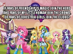 Size: 600x443 | Tagged: safe, applejack, fluttershy, pinkie pie, rainbow dash, rarity, twilight sparkle, equestria girls, g4, my little pony equestria girls, brony, canterlot high, discussion, equestria girls plus, equestria girls prototype, humane five, humane six, image macro, join the herd, mane six, my little pony logo, ponied up