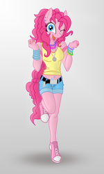 Size: 800x1333 | Tagged: safe, artist:romus91, artist:volcanico, pinkie pie, earth pony, anthro, g4, belly button, belly piercing, bellyring, belt, breasts, clothes, converse, earring, female, necklace, piercing, shoes, shorts, solo