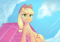 Size: 1672x1182 | Tagged: safe, artist:lurarin, applejack, g4, barn, female, solo, vertigo