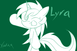 Size: 5625x3750 | Tagged: safe, artist:xodiaq, lyra heartstrings, pony, unicorn, g4, bipedal, female, green background, monochrome, one eye closed, outline, simple background, smiling, solo, waving, wink