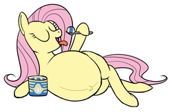 Size: 1684x1100 | Tagged: safe, artist:calorie, fluttershy, pony, g4, belly button, eating, eyes closed, female, ice cream, preggoshy, pregnant, simple background, solo, spoon, tongue out, white background