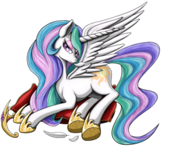 Size: 1200x1100 | Tagged: safe, artist:nalesia, princess celestia, alicorn, pony, g4, bedroom eyes, eyeshadow, feather, female, looking at you, mare, pillow, preening, prone, simple background, smiling, solo, spread wings, sultry pose, transparent background