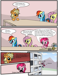 Size: 680x891 | Tagged: safe, applejack, fluttershy, pinkie pie, rainbow dash, g4, archer (show), comic, danger zone, defenestration, employer meme, exploitable meme, grammar error, misspelling, moustache, pun, worth it