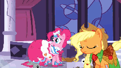 Size: 854x480 | Tagged: safe, screencap, applejack, eclair créme, fluttershy, jangles, orion, perfect pace, pinkie pie, shooting star (character), bird, ferret, flamingo, rabbit, squirrel, g4, the best night ever, animated, animation error, clothes, dress, gala dress, male, messy mane, mouth hold, running, scratches, scruffy, stallion, the master, youtube link