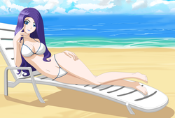 Size: 3617x2440 | Tagged: safe, artist:zantyarz, rarity, human, g4, beach, belly button, bikini, breasts, busty rarity, cleavage, clothes, female, humanized, sexy, solo, swimsuit