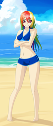 Size: 1422x3315 | Tagged: safe, artist:zantyarz, rainbow dash, human, g4, beach, belly button, bikini, clothes, cloud, crossed arms, female, humanized, looking at you, sand, shorts, sky, smiling, solo, swimsuit, water