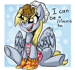 Size: 1600x1500 | Tagged: safe, artist:rainbowscreen, derpy hooves, pegasus, pony, g4, apron, clothes, cute, female, happy, mare, muffin, princess, solo, underhoof
