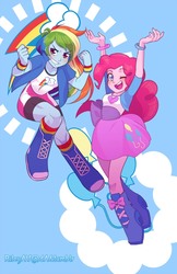 Size: 929x1435 | Tagged: safe, artist:rileyav, pinkie pie, rainbow dash, equestria girls, g4, boots, bracelet, clothes, collar, female, jewelry, jumping, lesbian, ship:pinkiedash, shipping, shirt, shoes, skirt, smiling, smirk, socks, t-shirt, teenager, vest, wristband