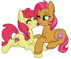 Size: 500x418 | Tagged: safe, artist:lulubell, apple bloom, babs seed, earth pony, pony, g4, blushing, duo, female, incest, lesbian, licking, ship:appleseed, shipping, simple background, transparent background, unshorn fetlocks