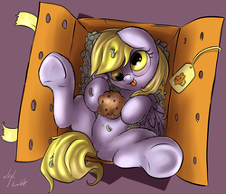 Size: 1396x1200 | Tagged: safe, artist:atryl, derpy hooves, pegasus, pony, g4, belly button, box, cardboard box, cute, female, mare, muffin, package, packing peanuts, pony in a box, sfw edit, solo, tongue out